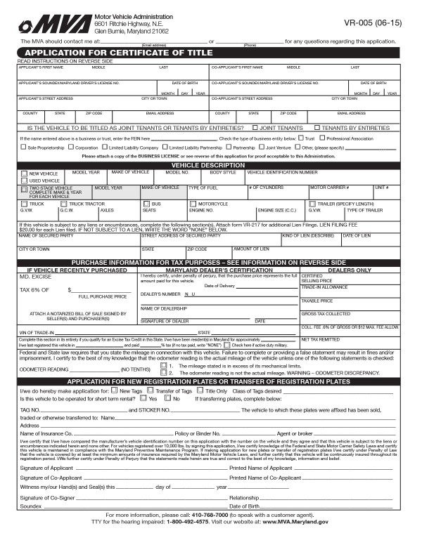 Application for certificate of title (Form VR-005) Maryland PandaDoc