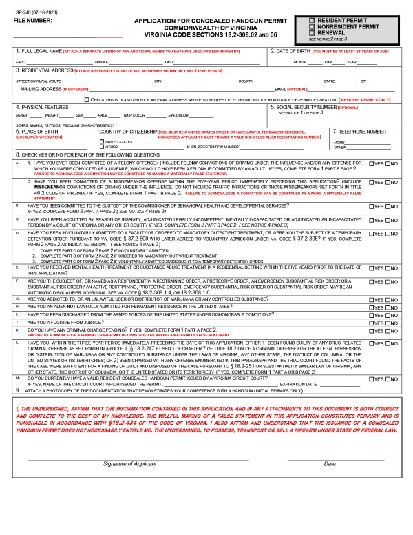 Application for concealed handgun permit (Form SP-248) Virginia PandaDoc