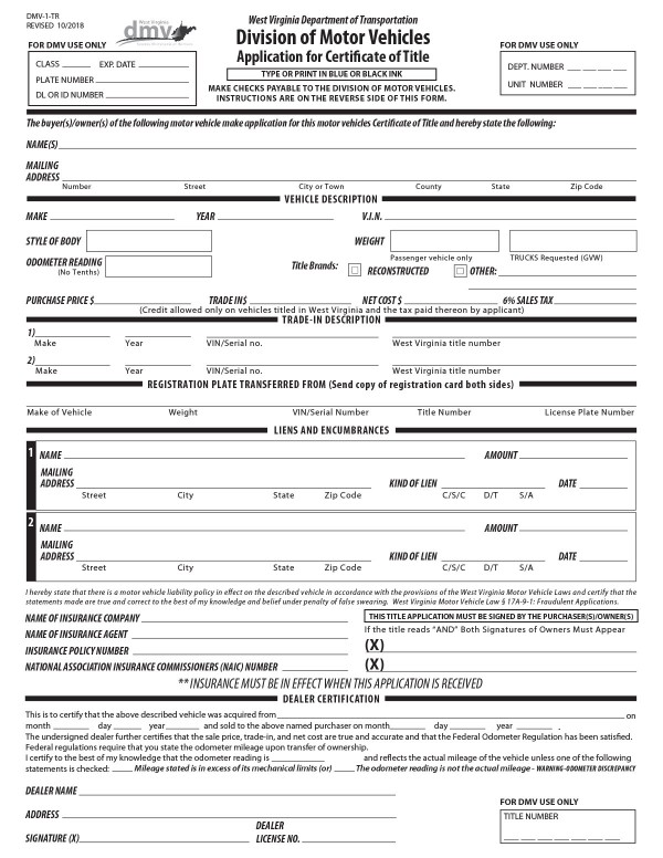 Application for certificate of title for a vehicle (Form DMV-1-TR) West Virginia PandaDoc