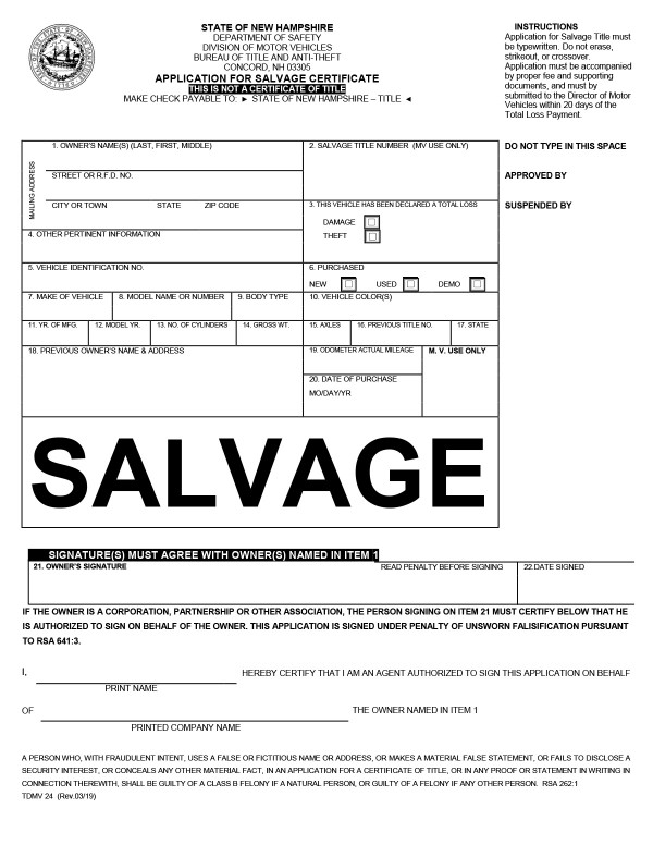 Application for salvage certificate New Hampshire PandaDoc