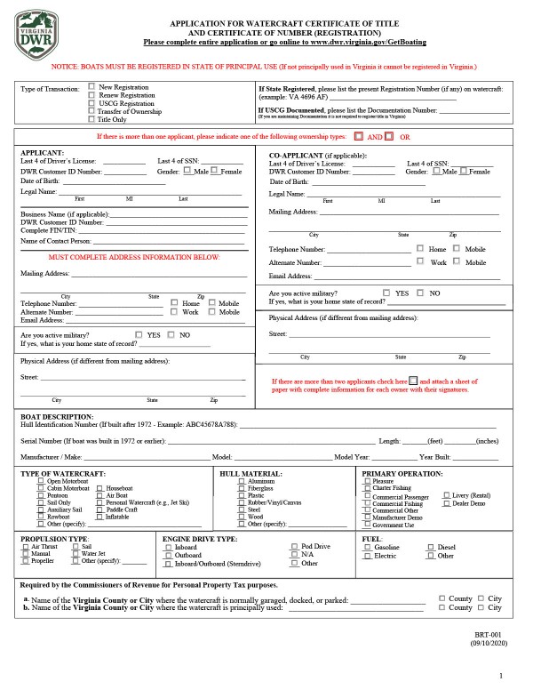 Application for watercraft certificate of title Virginia PandaDoc
