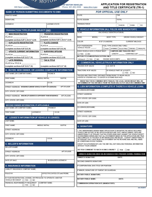 Application for registration and title certificate (Form TR-1) Rhode Island PandaDoc