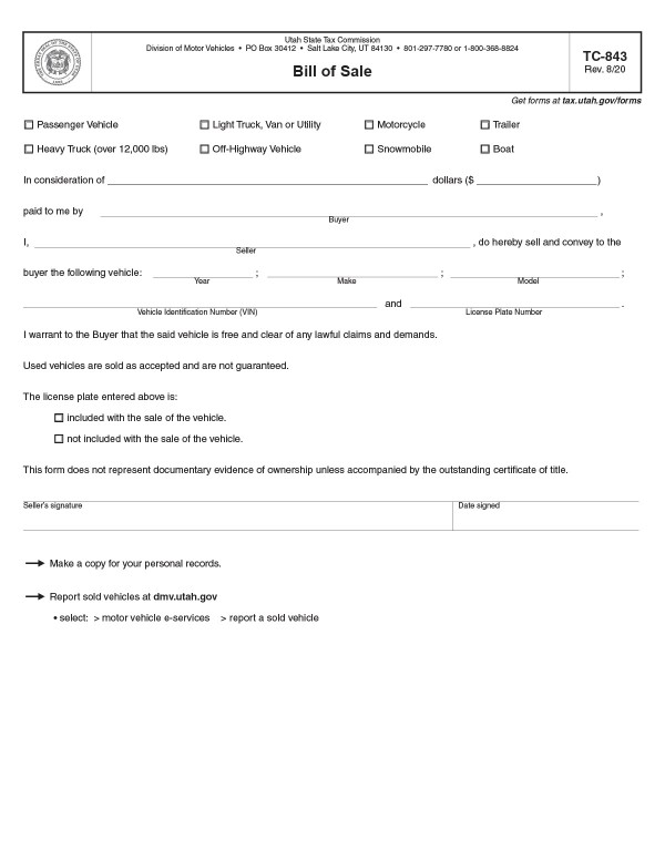 Utah bill of sale (Form TC-843) Utah PandaDoc