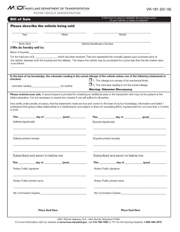 Bill of sale for vehicle transactions (Form VR-181) Maryland PandaDoc