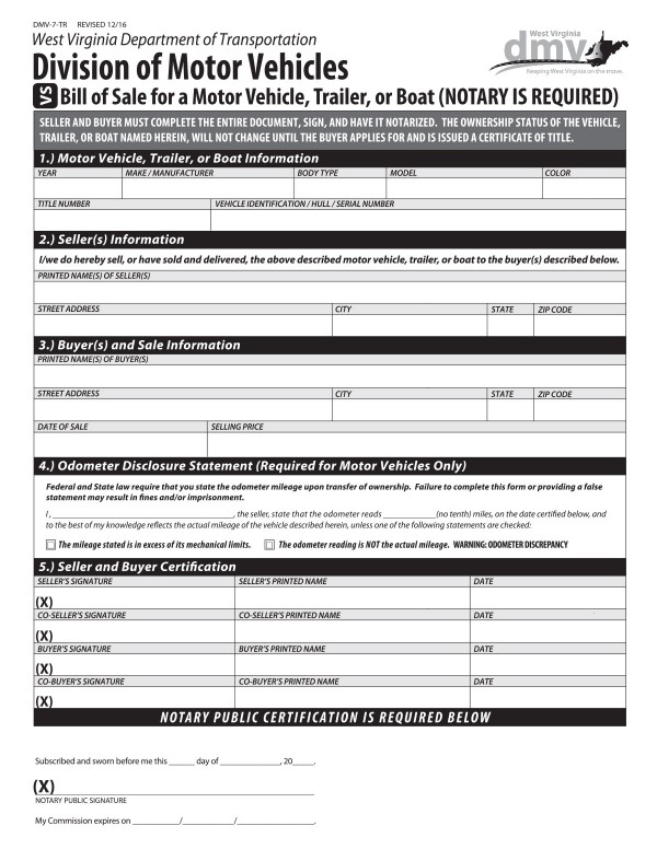 Bill of sale (Form DMV-7-TR) West Virginia PandaDoc