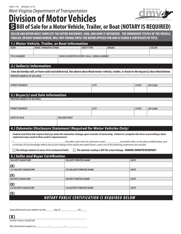 West Virginia Bill Of Sale Form Templates Free Samples For Cars Boats 