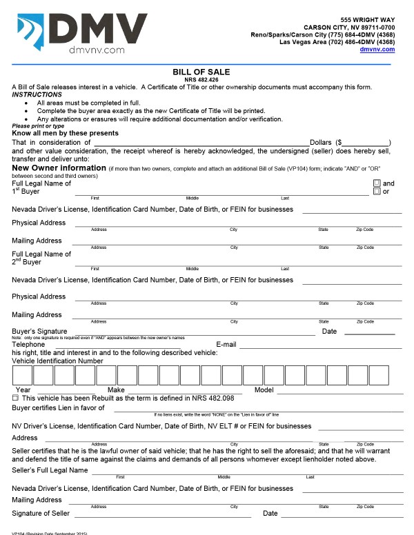 Blank bill of sale (Form VP 104) Nevada PandaDoc