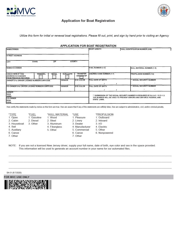 Boat registration application (Form BA-51) New Jersey PandaDoc