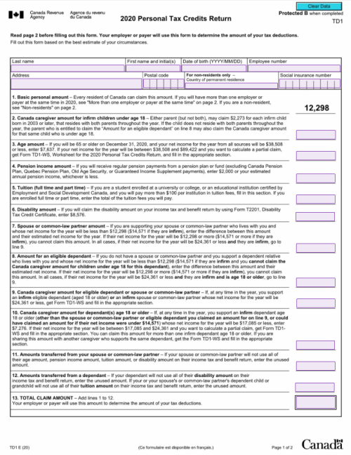Free Digital TD1 2020 Form (Personal Tax Credits Return)