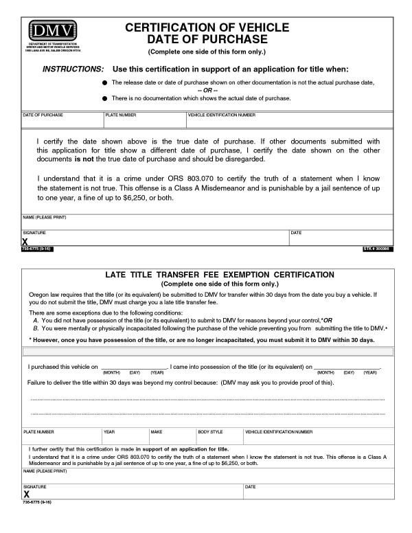 Certification of vehicle date of purchase (DMV Form 6775) Oregon PandaDoc