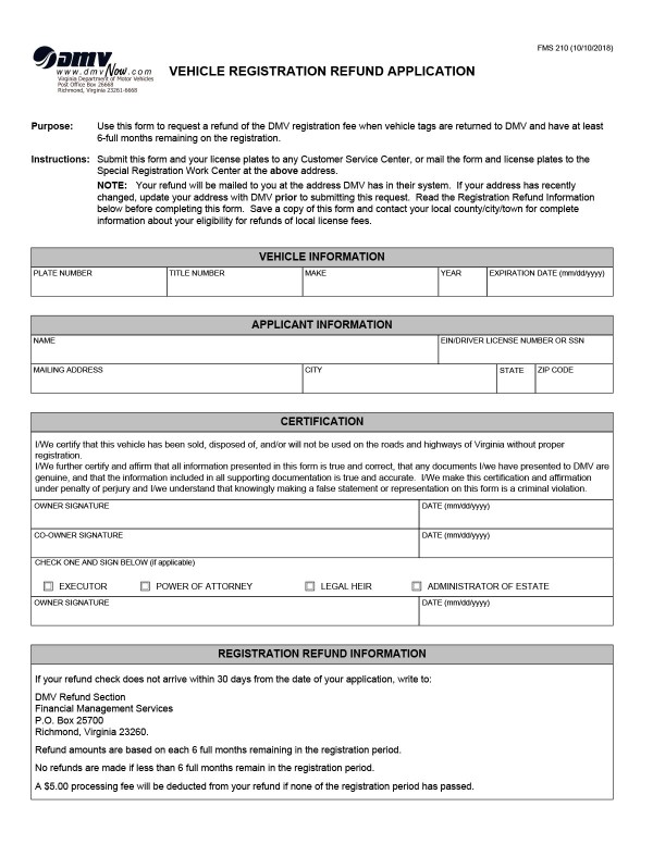 Complete an application for vehicle registration refund (Form FMS-210) Virginia PandaDoc
