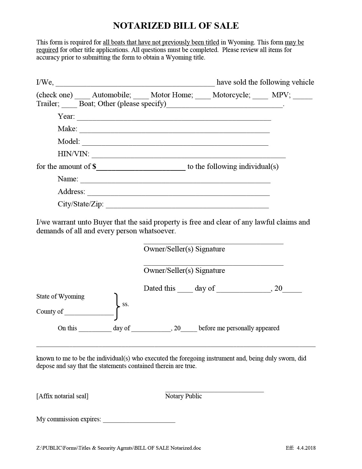 Wyoming Bill of Sale Form Templates, Free Samples for Cars, Boats ...