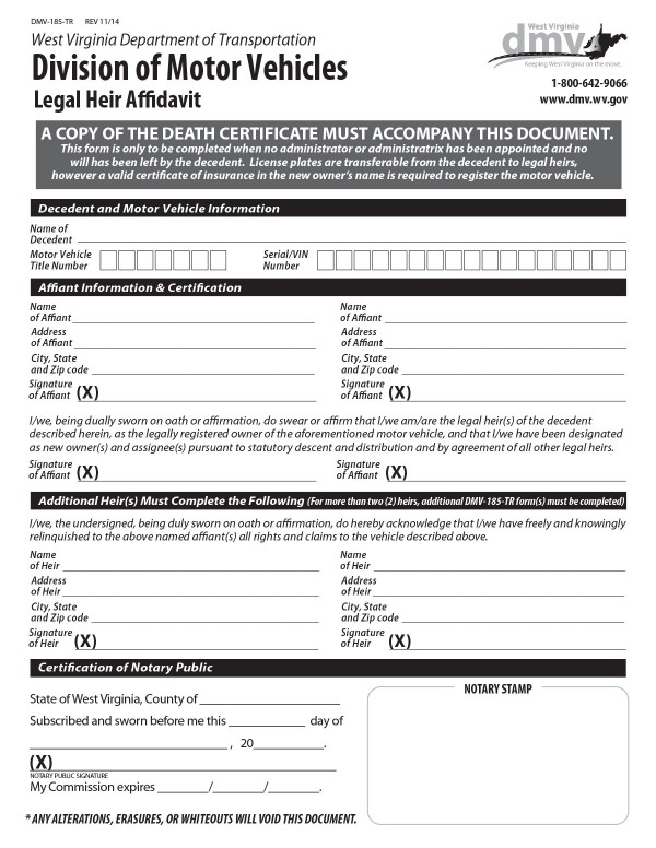 Legal heir affidavit (Form DMV-185-TR) West Virginia PandaDoc