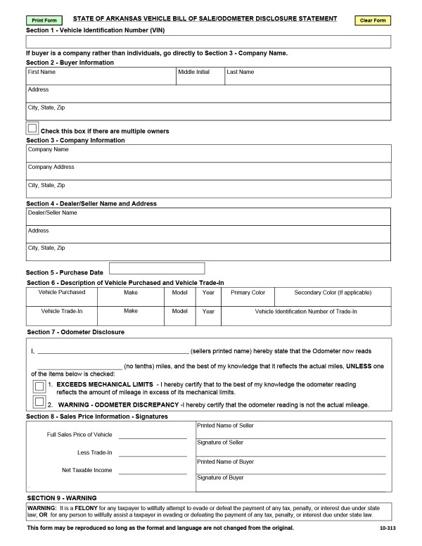 Odometer disclosure statement form (Form 10-313) Arkansas PandaDoc