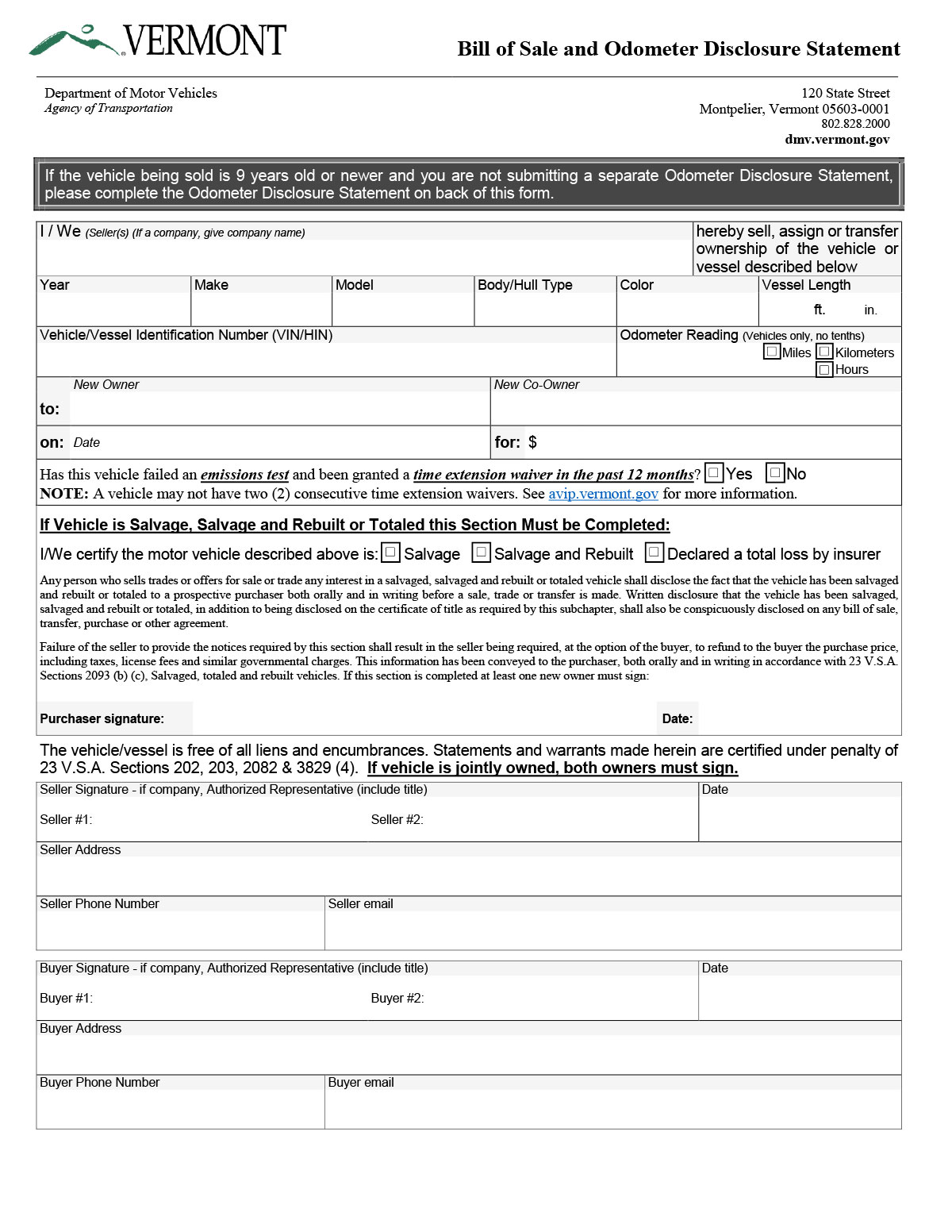 Vermont Bill of Sale Form Templates, Free Samples - Pandadoc