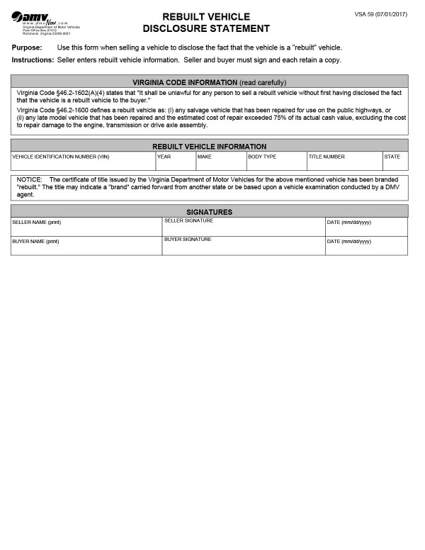 Rebuilt vehicle discloser statement (VSA 59) Virginia PandaDoc