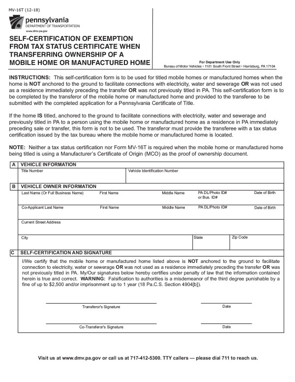 Self-certification of exemption from tax status certificate (Form MV-16T) Pennsylvania PandaDoc