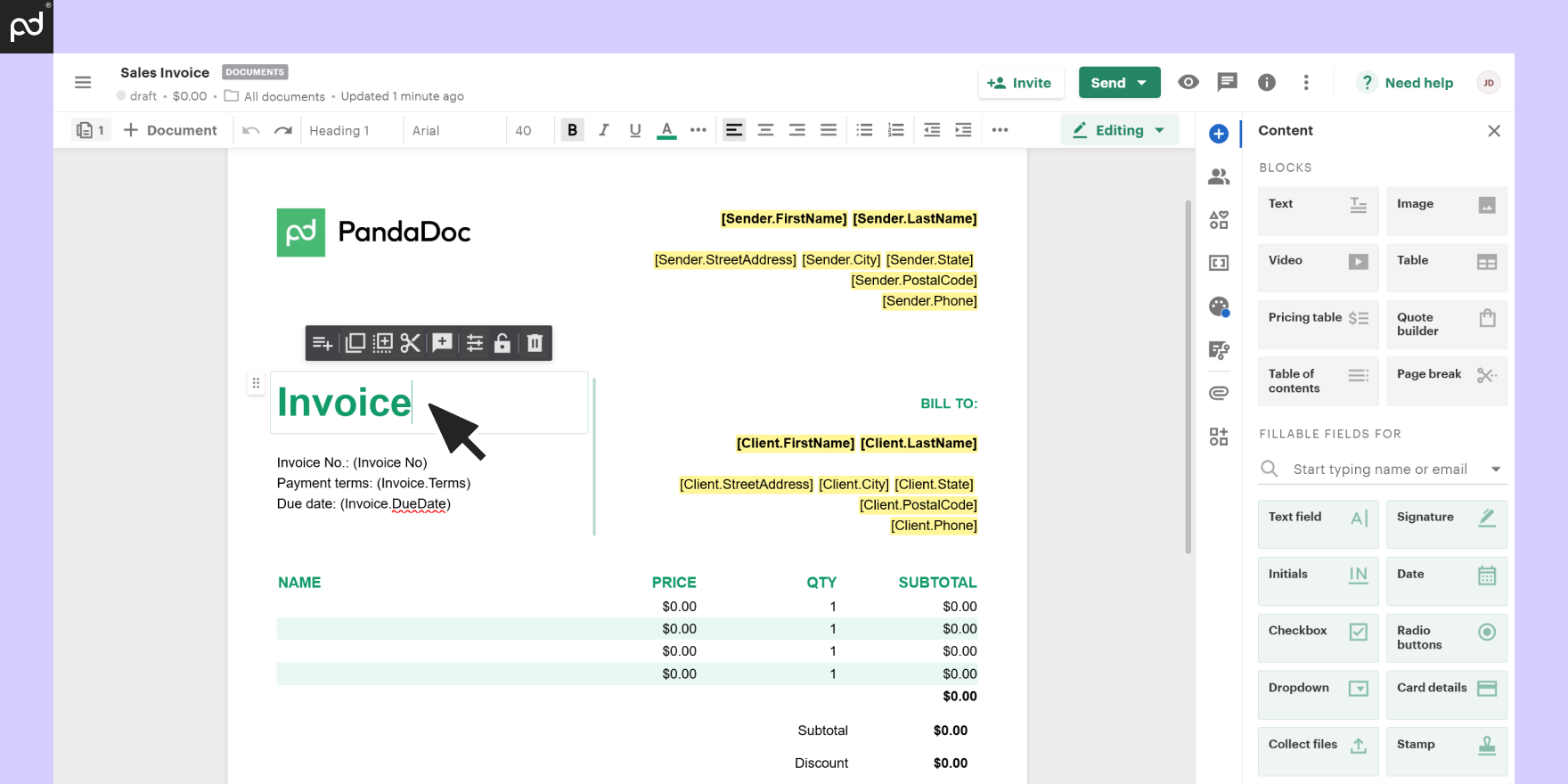 Screenshot of PandaDoc's sales invoice template editor with customizable text blocks and invoice details.