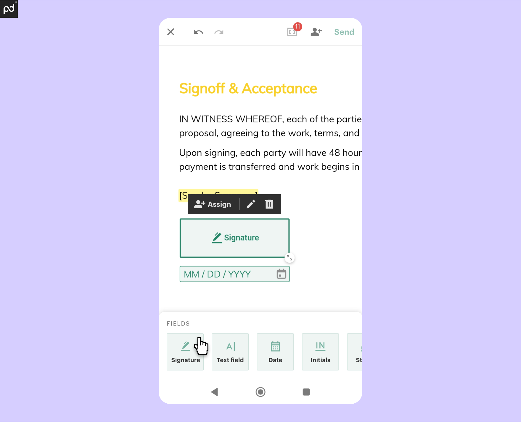 Screenshot of a signature field on the mobile version of PandaDoc document automation software.