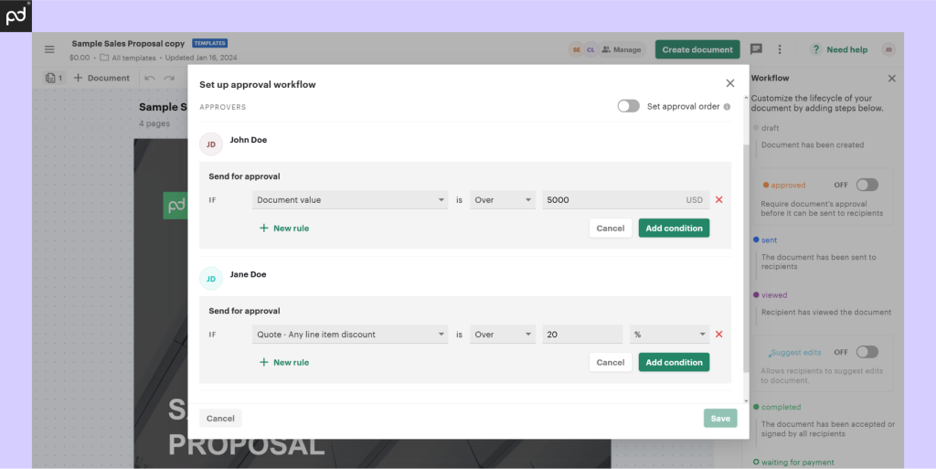 Screenshot of PandaDoc showing the setup of an approval workflow with different conditions for single approvers. 