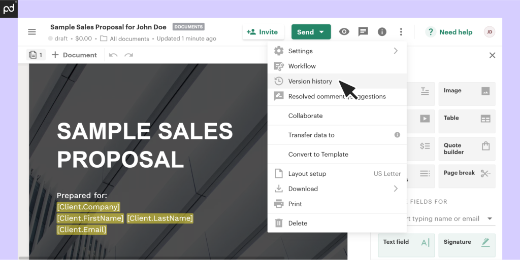 Screenshot of PandaDoc displaying the version history for a sales proposal document. 