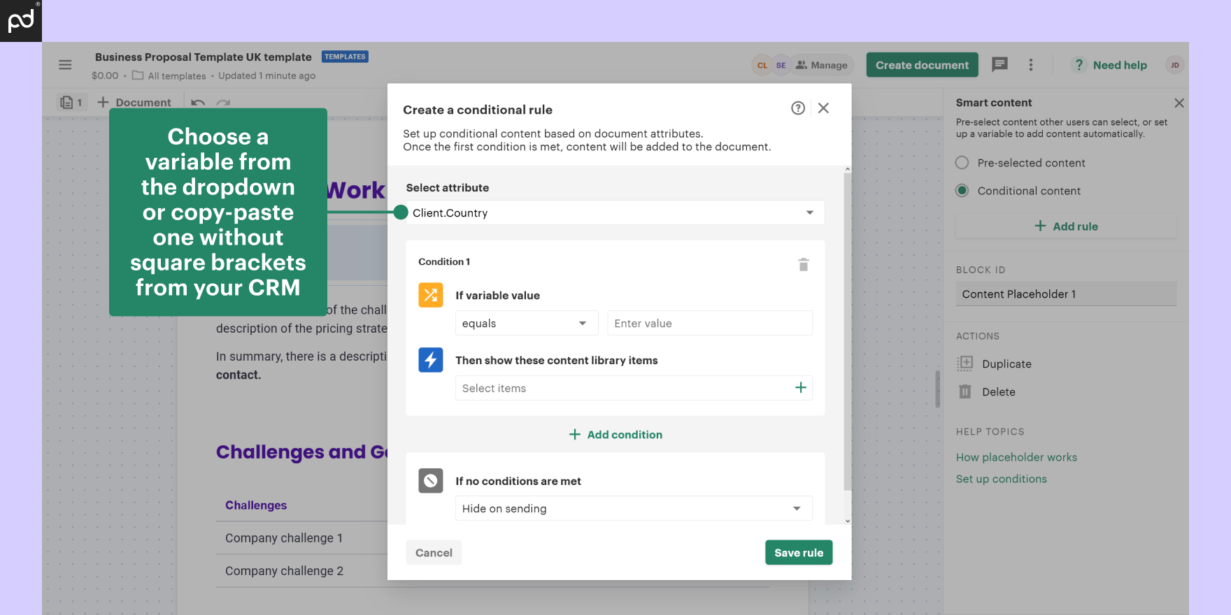 Screenshot of PandaDoc conditional logic feature showing conditional rule creation process.