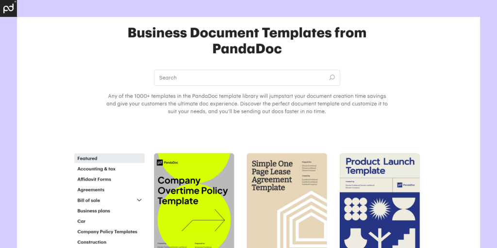 Screenshot of PandaDoc's business document templates library featuring various templates such as company overtime policy, one-page lease agreement, and product launch template.