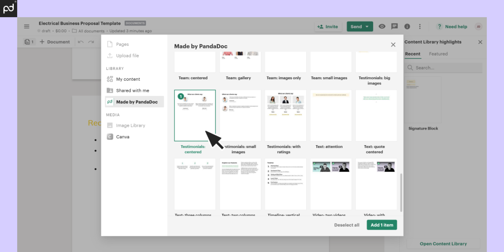 Screenshot of PandaDoc's content library interface featuring content library elements such as testimonials, sample pricing table, and sample signature block.