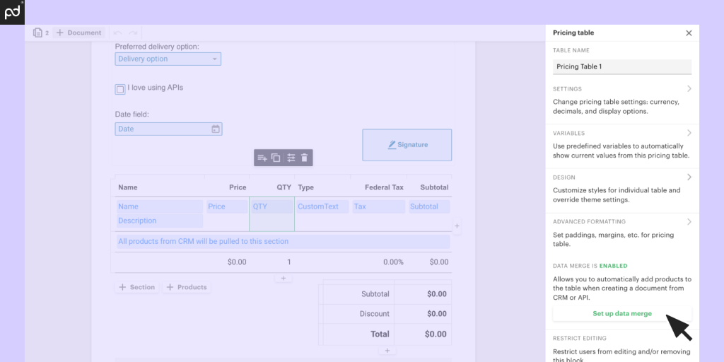 Screenshot of PandaDoc document automation software displaying how to set up a data merge.