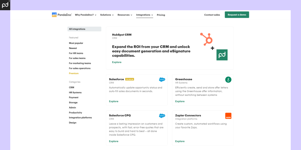 Screenshot of PandaDoc integrations page showcasing various integrations including HubSpot CRM, Salesforce, Greenhouse, and Zapier. 