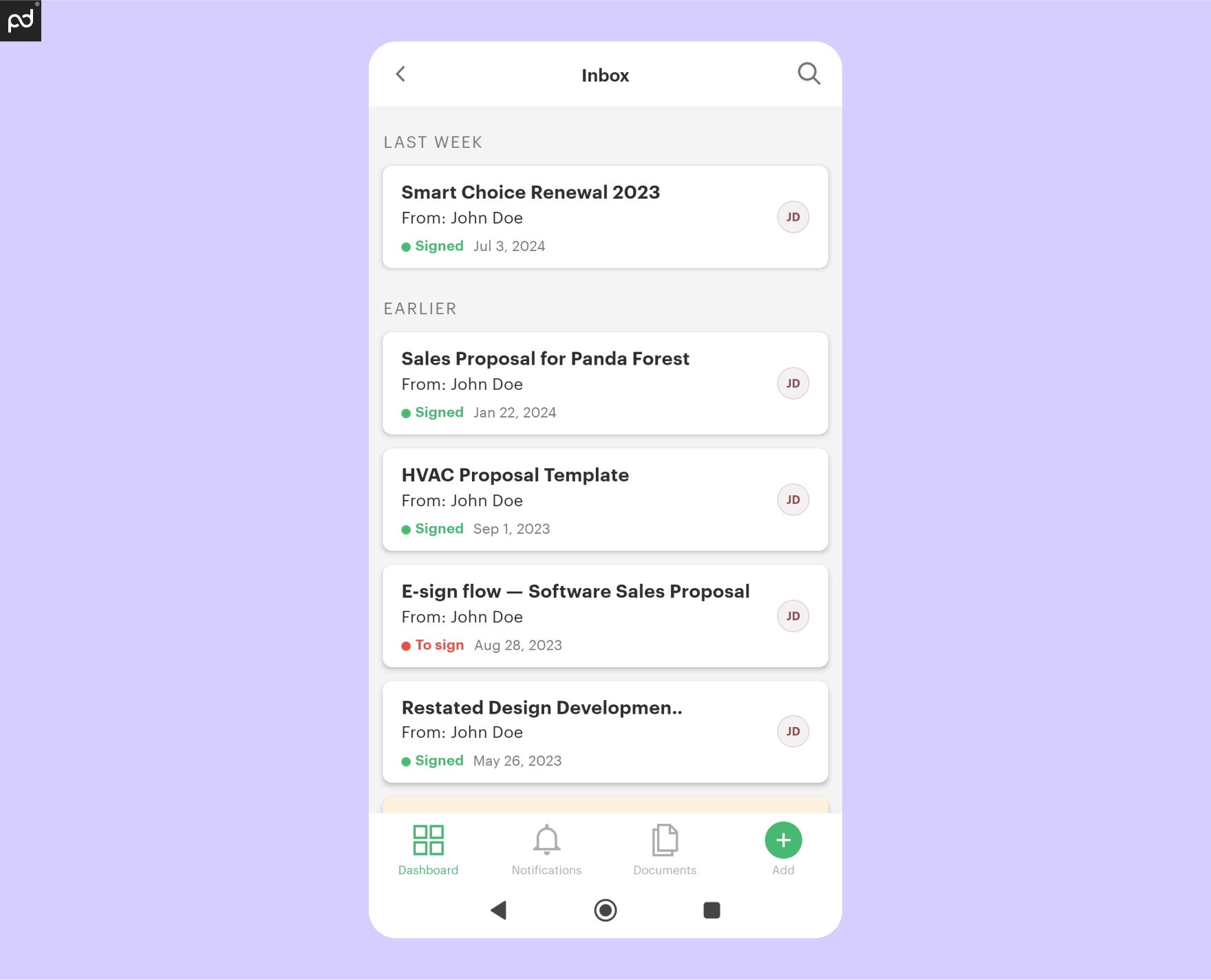 Screenshot of different inbox items as they appear on the mobile version of PandaDoc document automation software.