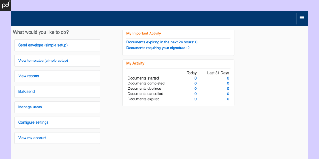 A screenshot of the Nintex AssureSign dashboard, featuring basic navigation links and activity metrics.