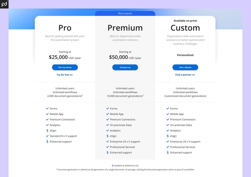 An image depicting Nintex’s pricing plans for their Automation platform. Electronic signature tools are listed as a feature add-on.