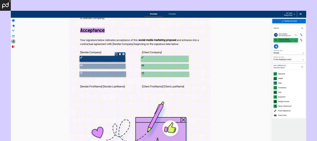 An image depicting a digital document prepared for e-signing with Nintex AssureSign. A total of six fields (two signature boxes, text boxes, and date boxes per signer) have been added using drag-and-drop tools.