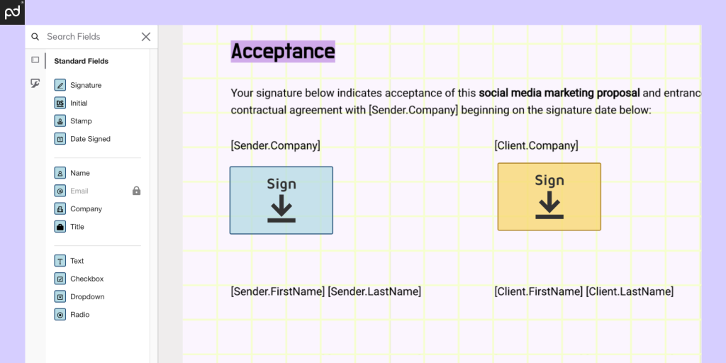 An image depicting a digital document prepared for e-signing. 

A blue signature box is on the left, while a yellow signature box (indicating a different signer) is on the right.