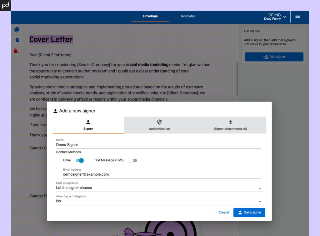 An image depicting the ability to add additional signers and request signer attachments from a document uploaded for digital signature on the Nintex platform.