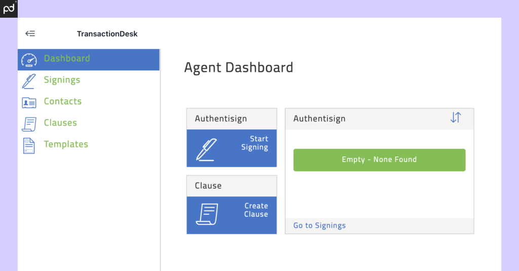 An image of the Authentisign user dashboard with buttons for signing, clause creation, and draft review.