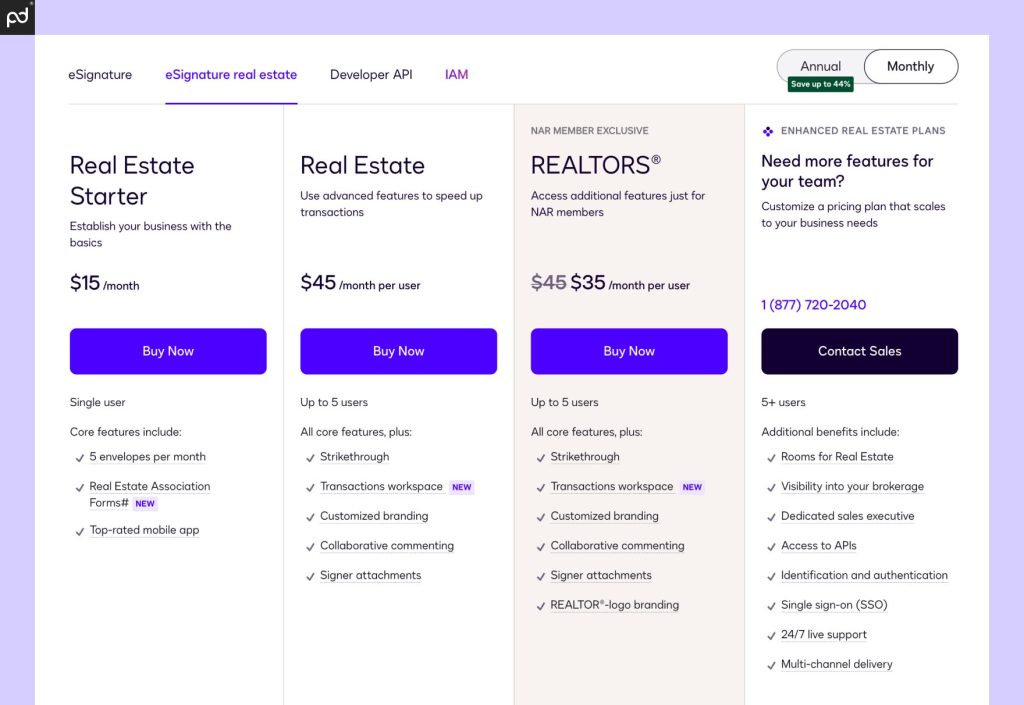 A screenshot of the DocuSign real estate pricing table, featuring solutions ranging from $15/month to $45/month, as well as enterprise solutions.