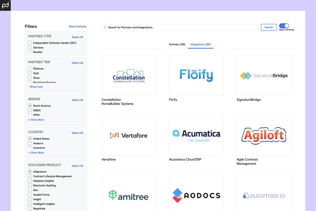 A screenshot of various DocuSign integrations for realtors, including amitree, Floify, SignatureBridge.