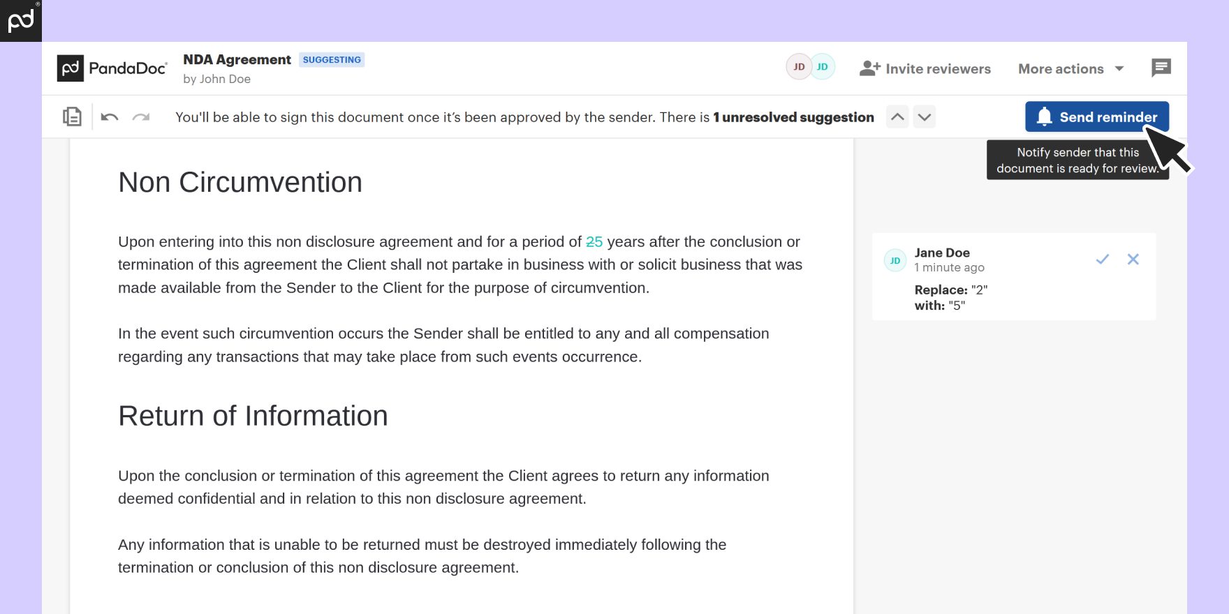 Screenshot of PandaDoc software showing an NDA and contract document with unresolved suggestions, and an option to send a reminder for document review.