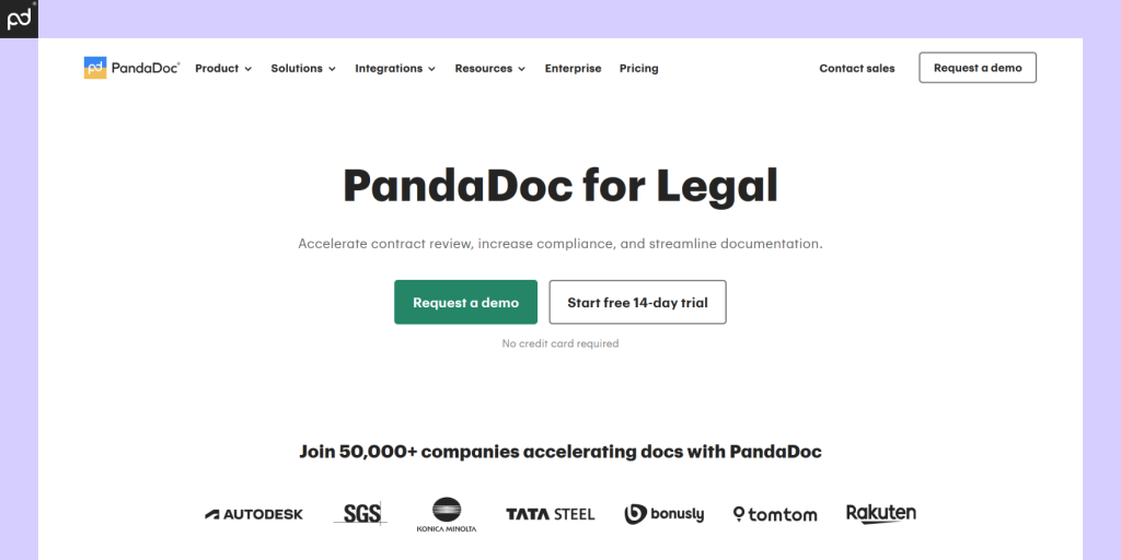 Screenshot of the PandaDoc for Legal homepage with options to request a demo or start a free trial, highlighting the platform's services for legal contract management.