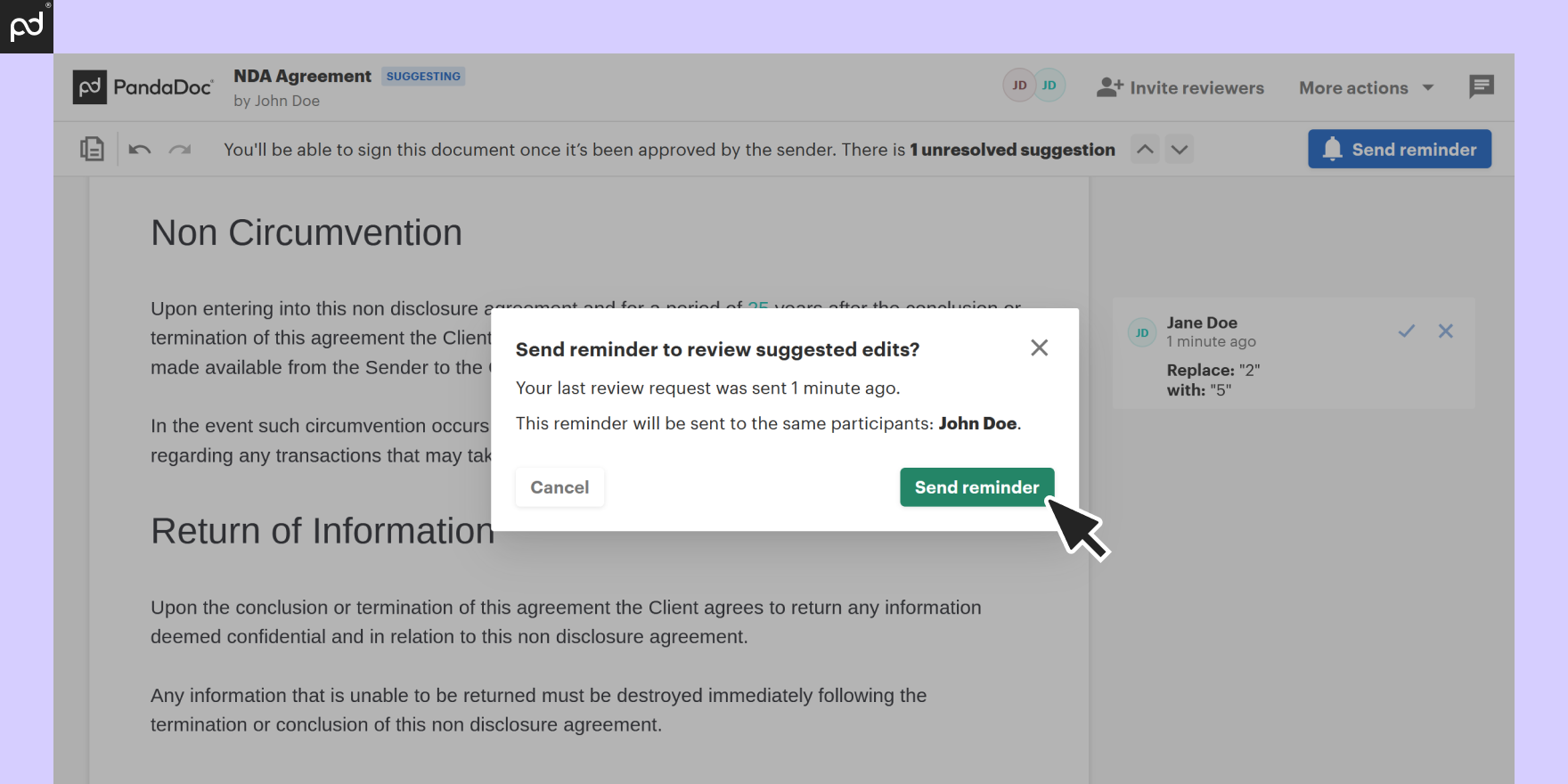 Screenshot of PandaDoc software displaying a confirmation prompt for sending a reminder to review suggested edits on an NDA and contract document.