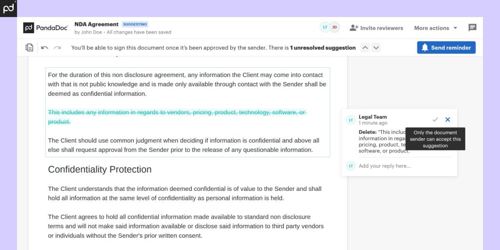 Screenshot of PandaDoc software displaying a service contract with edits suggested by the legal team, highlighting that only users with permission can accept suggestions.