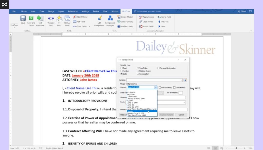 Screenshot of HotDocs document automation software showing the selection of format variables for a Last Will template, with a variable field properties window open.