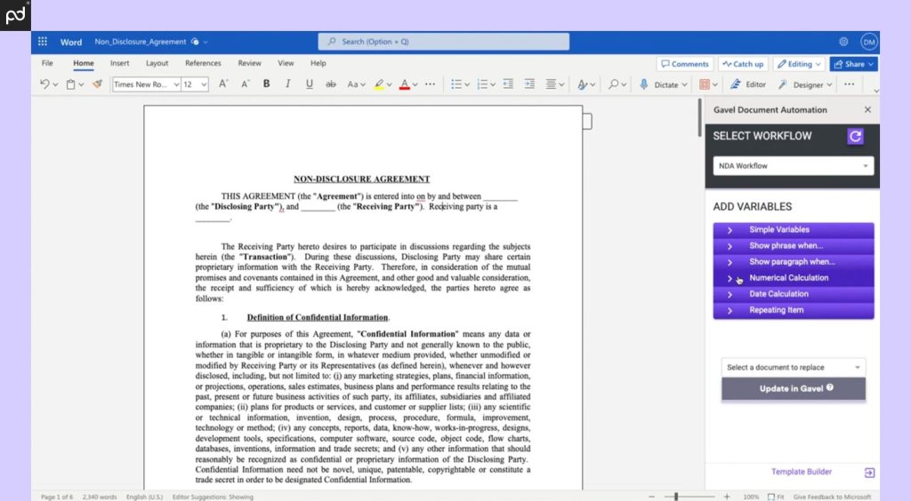 Screenshot of Gavel legal automation software displaying the template builder with options to select workflows and add variables for a non-disclosure agreement.