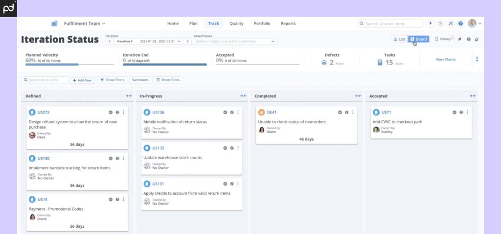 Screenshot of the Rally software dashboard showing the board view of tasks categorized as defined, in-progress, completed, and accepted for a fulfillment team.