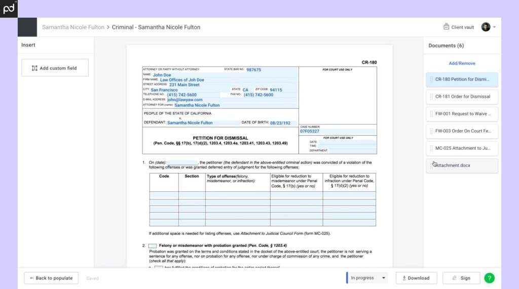 Screenshot of Clio Draft (formerly Lawyaw) showing a legal document form being populated, with attached documents listed on the right side.