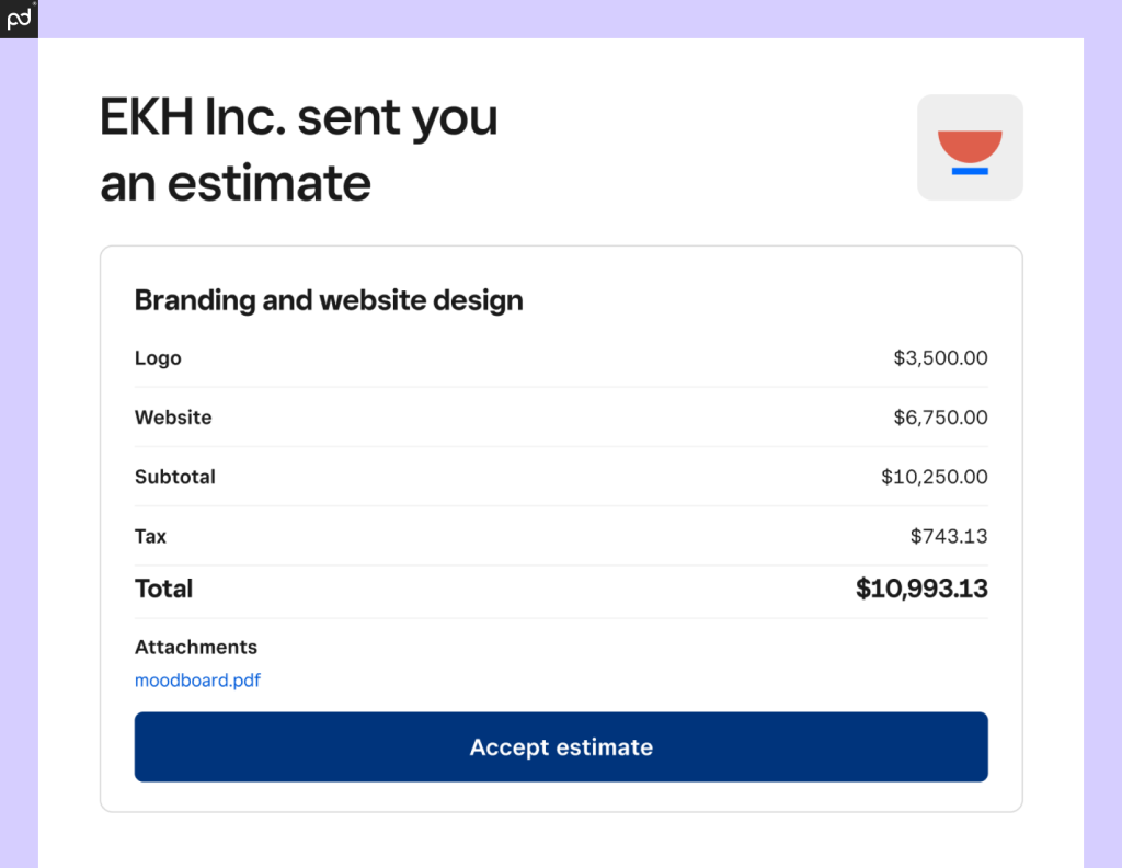 Screenshot of Square showing an estimate for branding and website design, with subtotal, taxes, and docs attachments