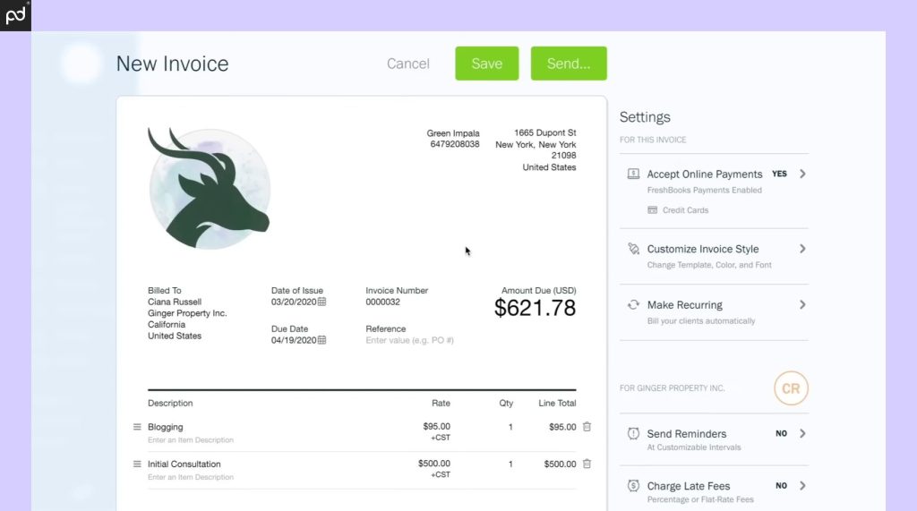 Screenshot of FreshBooks dashboard showing invoice customization: setting payment reminders, charge late fees, currency, and language