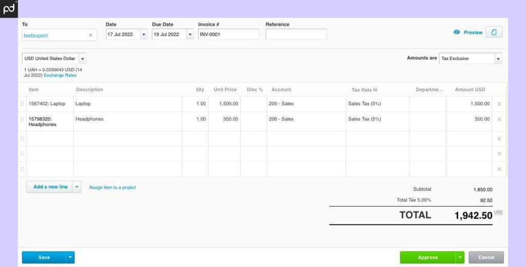 Screenshot of Xero showing the way an invoice is edited with custom fields 